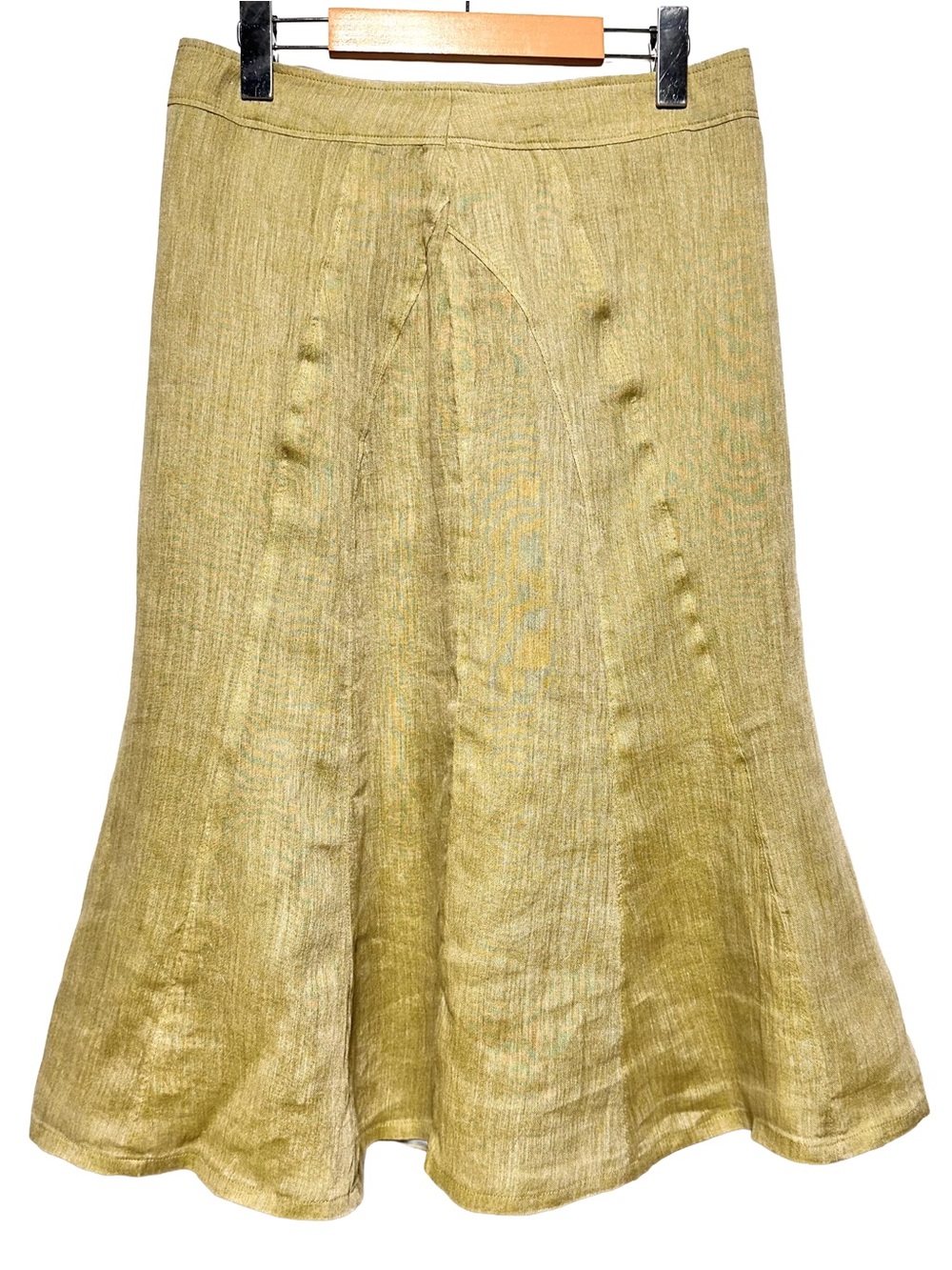 Linen Bamboo Flared Midi Skirt Olive Green Mermaid Godet Japan Made Size L